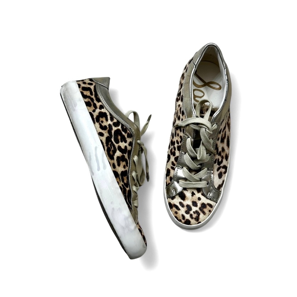 Sam Edelman Britton 2 Flat Leopard Fur Lace Sneaker Shoe Gold Distressed 7.5